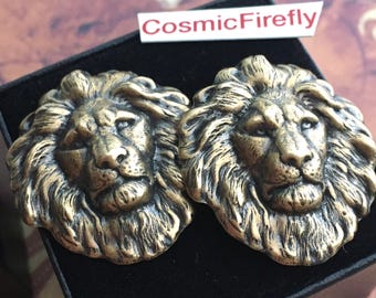 LARGE Brass Lion Cufflinks Handmade BIG Statement Size Leo
