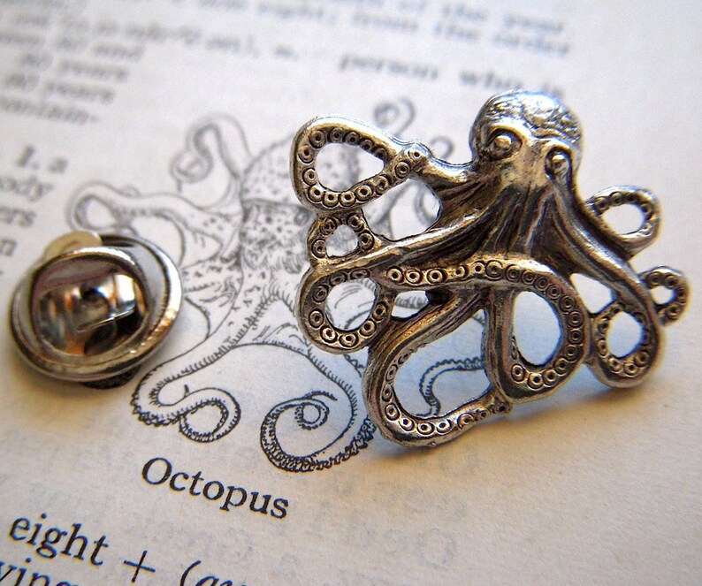 Tiny Octopus Tie Tack Lapel Pin Silver Plated Gothic Victorian Nautical Steampunk From Cosmic Firefly image 1