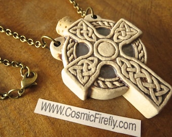 Celtic Cross Necklace Stoneware Ceramic Bottle Irish Theme Cross Brass Rolo Chain Handcrafted Chunky