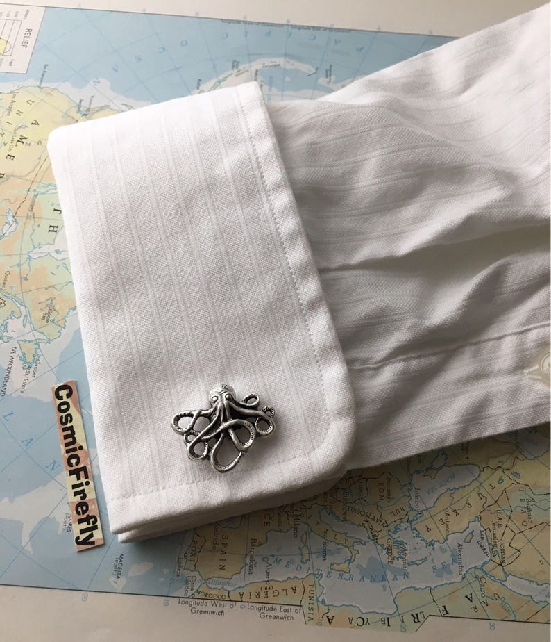 Miniature Octopus Cufflinks Antiqued Silver Plated Men's Accessories & Gifts For Dad FREE Gift Box Nautical Steampunk Cosplay Cruise image 4