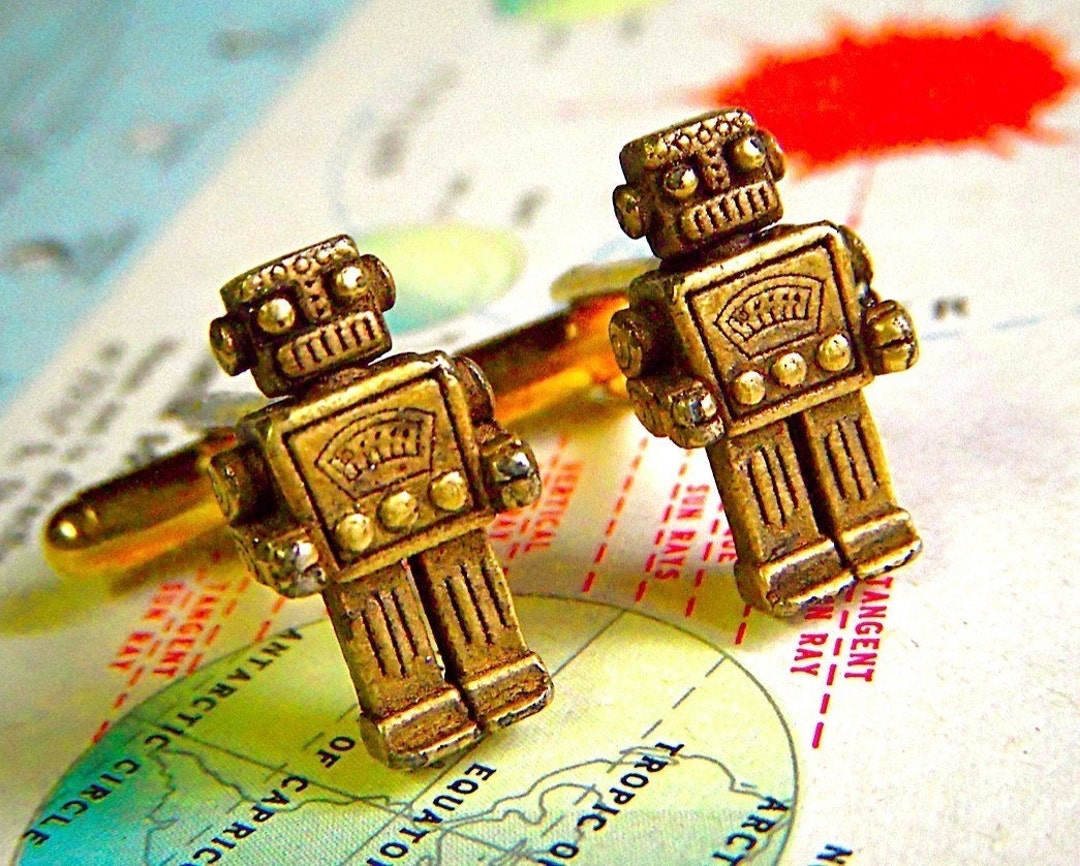 Handcrafted Robot Cufflinks Rustic Brass Cuff Links Cosmic