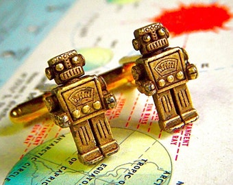 Handcrafted Robot Cufflinks Rustic Brass Cuff Links Cosmic Firefly Original Steampunk Men's Accessories & Gifts Antique Toy Robots