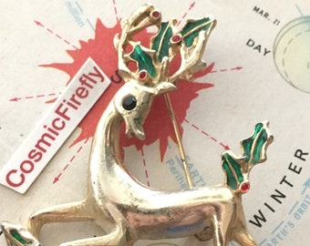 Small Vintage Flying Reindeer Christmas Brooch Pin Costume Jewelry 1960's