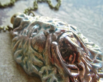 BIG CHUNKY Green Man Necklace Rustic Glazed Ceramic Hollow Bottle Jewelry Long Antiqued Brass Rolo Chain Women's Boho Outdoors
