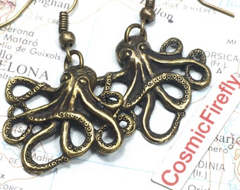 Octopus Earrings Antiqued Brass Nautical Steampunk