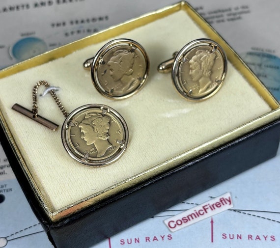 1930's Mercury Dime Vintage Coin Cufflinks + Coin… - image 1