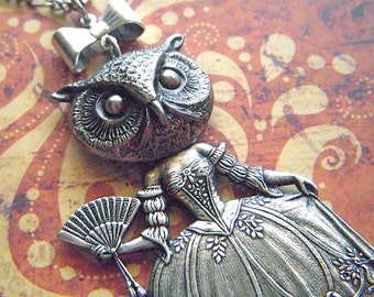 Victorian Owl Girl Necklace Victorian Dark Circus Freak Vintage Inspired Style Antiqued Silver Art Jewelry Bird Woman