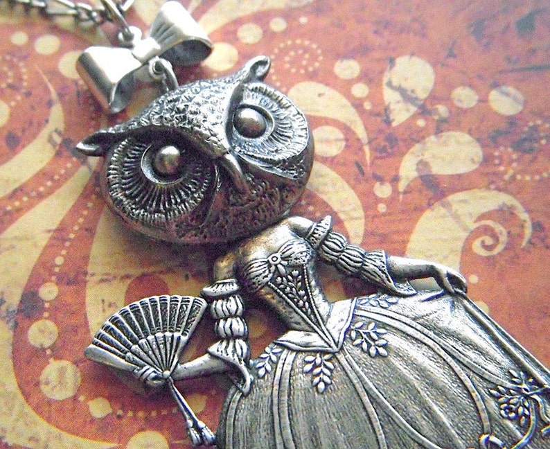 Victorian Owl Girl Necklace Victorian Dark Circus Freak Vintage Inspired Style Antiqued Silver Art Jewelry Bird Woman image 1