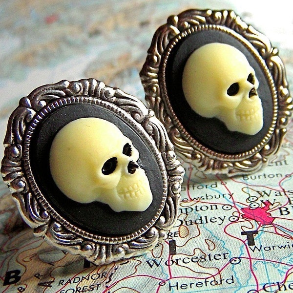 Skull Cufflinks Gothic Victorian Fancy Silver Plated Oval Cameo Frames
