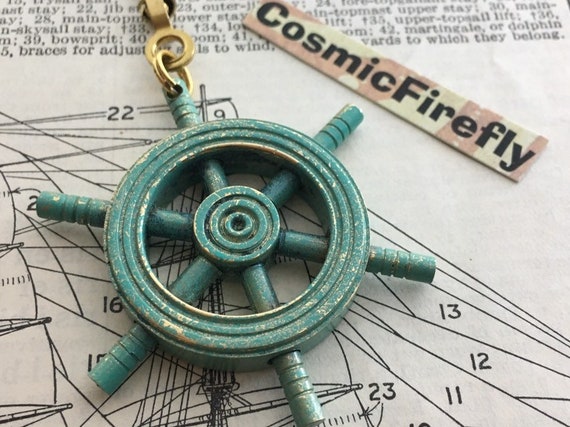 Nautical Ship S Wheel Fan Pull Steampunk Fan Pull Chain Beach Decor Nautical Fan Pull Green Verdigris