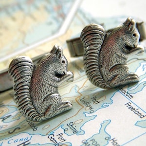 Woodsy Tree Squirrel Cufflinks Tiny Silver Plated Miniature Woodland Outdoors Wedding