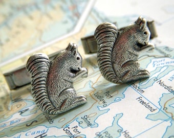 Woodsy Tree Squirrel Cufflinks Tiny Silver Plated Miniature Woodland Outdoors Wedding