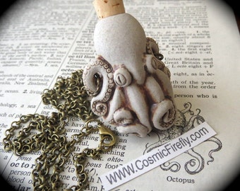 Octopus Necklace Rustic Ceramic Bottle Antiqued Brass Rolo Chain Nautical Steampunk Necklace Octopus Pendant Natural Stoneware