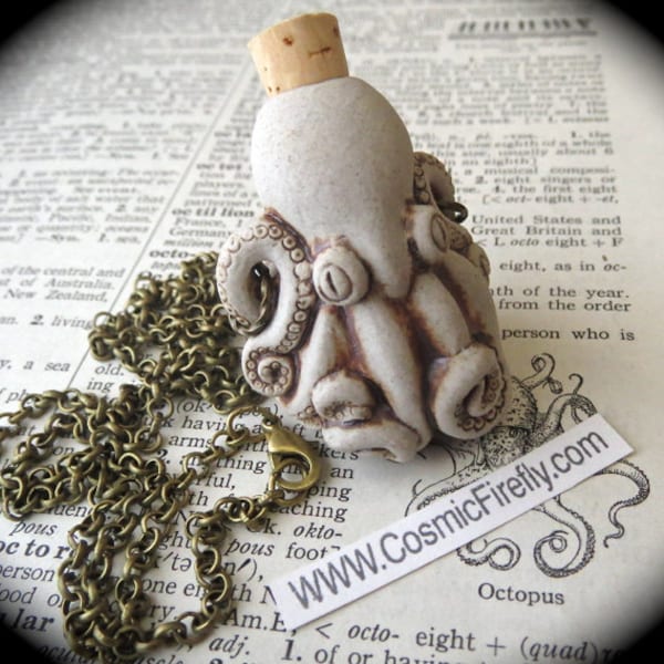 Octopus Necklace Rustic Ceramic Bottle Antiqued Brass Rolo Chain Nautical Steampunk Necklace Octopus Pendant Natural Stoneware