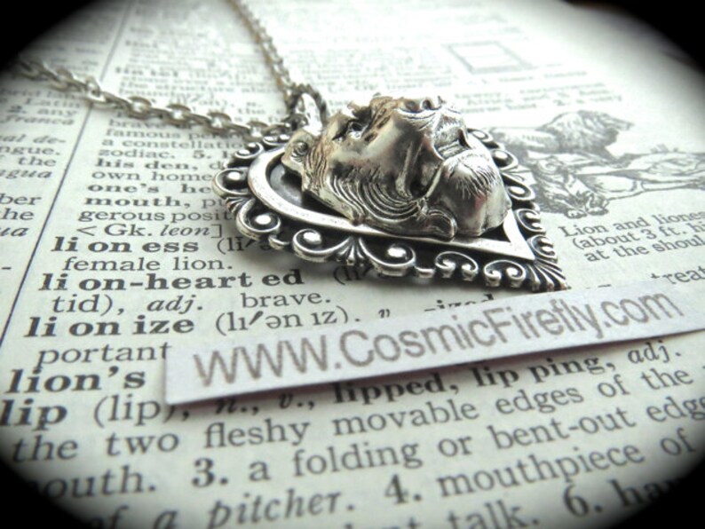 Lion Necklace Antiqued Silver Heart Necklace Lion Heart Etsy