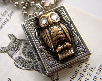 Handcrafted Owl Locket Necklace Tiny Size Silver Book Locket Crystal Eyes Girl's Locket Cute Fashion Jewelry