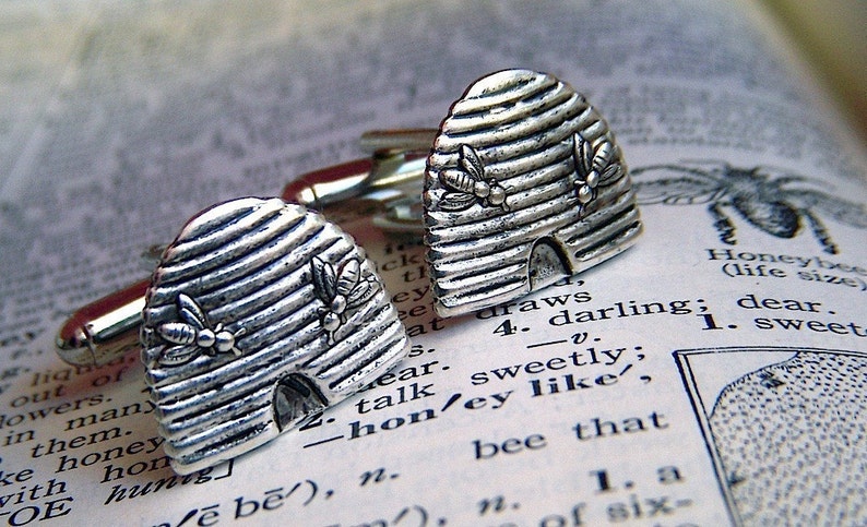 Bees Beehive Cufflinks Silver Plated Miniatures Tiny Bees Bee Cufflinks image 1