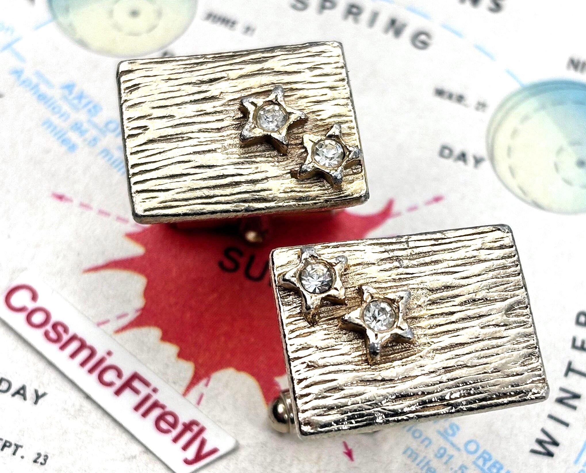 1950's MCM Vintage Atomic Cufflinks Jet Age Modernist Gold Tone Rectangle Crystal Star