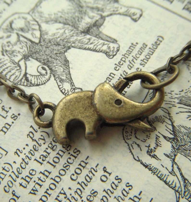 Baby Elephant Necklace Tiny Antiqued Brass Bronze Rustic Finish Fashion Jewelry Clasp Trunk Up For Good Luck image 2