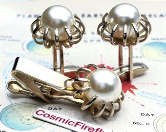 Vintage Atomic Space Age Cufflinks Big Faux Pearls Tie Bar Clip 1950's MCM