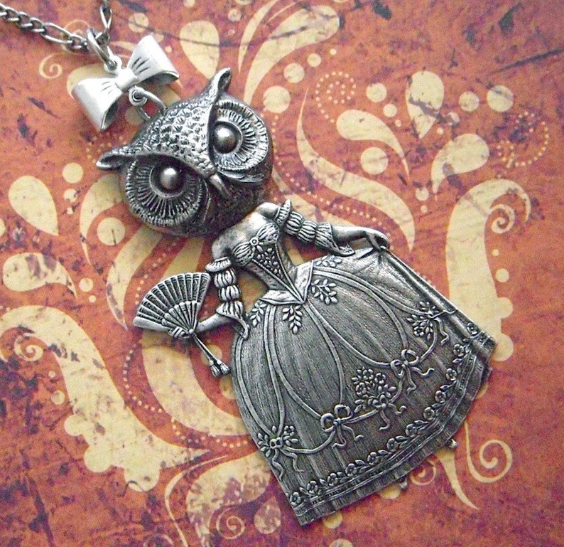 Victorian Owl Girl Necklace Victorian Dark Circus Freak Vintage Inspired Style Antiqued Silver Art Jewelry Bird Woman image 3