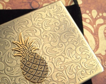 Pineapple Cigarette Case Oversized Business Card Holder Gothic Victorian Steampunk Vintage Inspired Antiqued Brass Tone Metal Wallet 100's