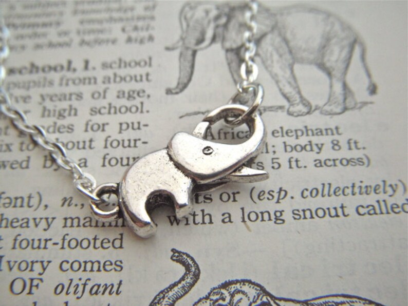 Tiny Lucky Elephant Necklace Plated Silver Tone Metal Fashion Jewelry Clasp Trunk Up For Good Luck Novelty Costume Jewelry FREE Gift Box image 4