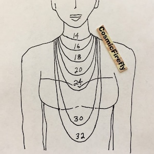 May include: A hand-drawn illustration showing necklace lengths from 14 to 32 inches. The image includes a wooden tag with the text "CosmicFirefly". The necklace lengths are displayed on a stylized human figure.