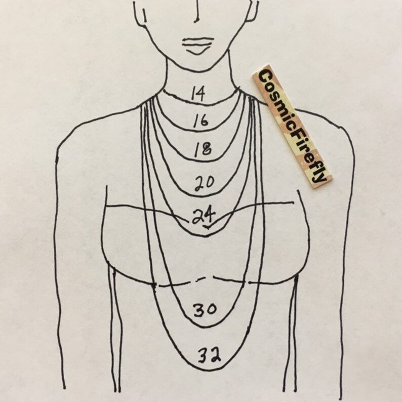 May include: A hand-drawn illustration showing necklace lengths from 14 to 32 inches. The image includes a wooden tag with the text "CosmicFirefly". The necklace lengths are displayed on a stylized human figure.
