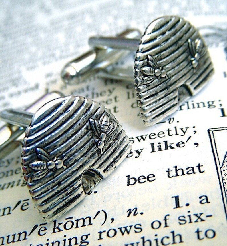 Bees Beehive Cufflinks Silver Plated Miniatures Tiny Bees Bee Cufflinks image 4