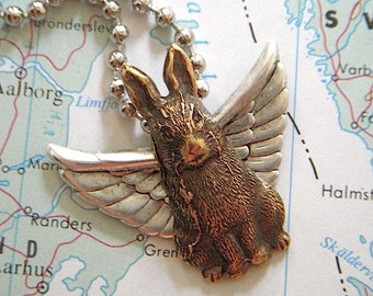 Flying Rabbit Necklace Silver Wings Brass Bunny Victorian Steampunk Vintage Inspired Mixed Metals
