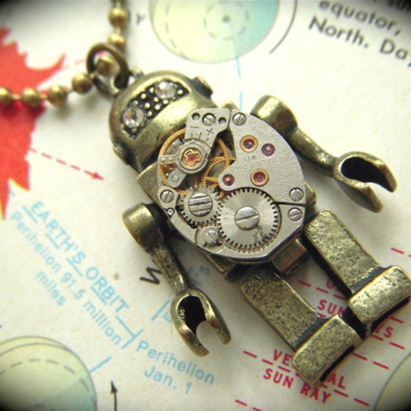 Steampunk Robot Necklace Steampunk Necklace Tiny Vintage Watch Movement Steampunk Jewelry Antiqued Brass Rustic Finish