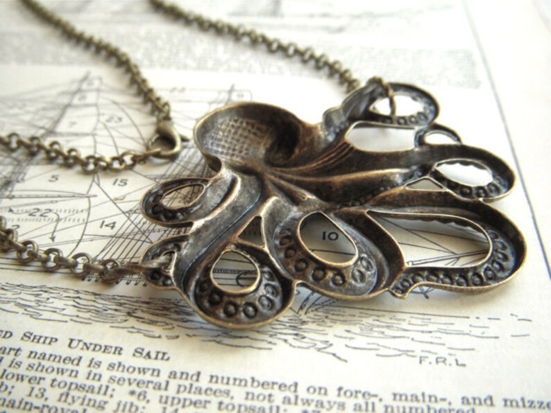 May include: A bronze-colored octopus pendant necklace. The pendant is intricately detailed with a textured surface and open spaces. The necklace chain is also bronze-colored. The background is a vintage nautical map.