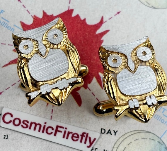 Vintage Gold Owl Cufflinks MCM Atomic Age Etched G