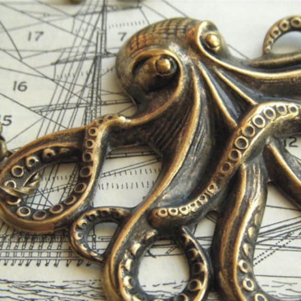 Grand collier pieuvre en laiton longue chaîne Rolo grande taille finition rustique style gothique victorien nautique Steampunk inspiré vintage