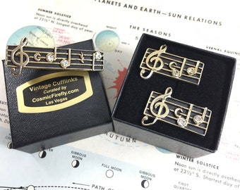 1950's Vintage Musical Notes Cufflinks & Treble Clef Tie Bar Clip Crystal Rhinestones SWANK USA MCM Music Teacher Gifts