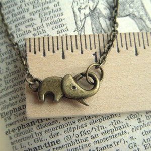 Baby Elephant Necklace Tiny Antiqued Brass Bronze Rustic Finish Fashion Jewelry Clasp Trunk Up For Good Luck image 1