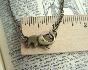 Small Woman's Girl's Baby Elephant Necklace Clasp Little Antiqued Brass Bronze Trunk Up For Good Luck Charm Handcrafted Fashion Jewelry