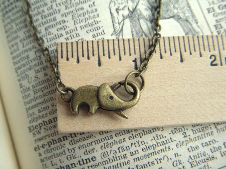 Baby Elephant Necklace Tiny Antiqued Brass Bronze Rustic Finish Fashion Jewelry Clasp Trunk Up For Good Luck image 1