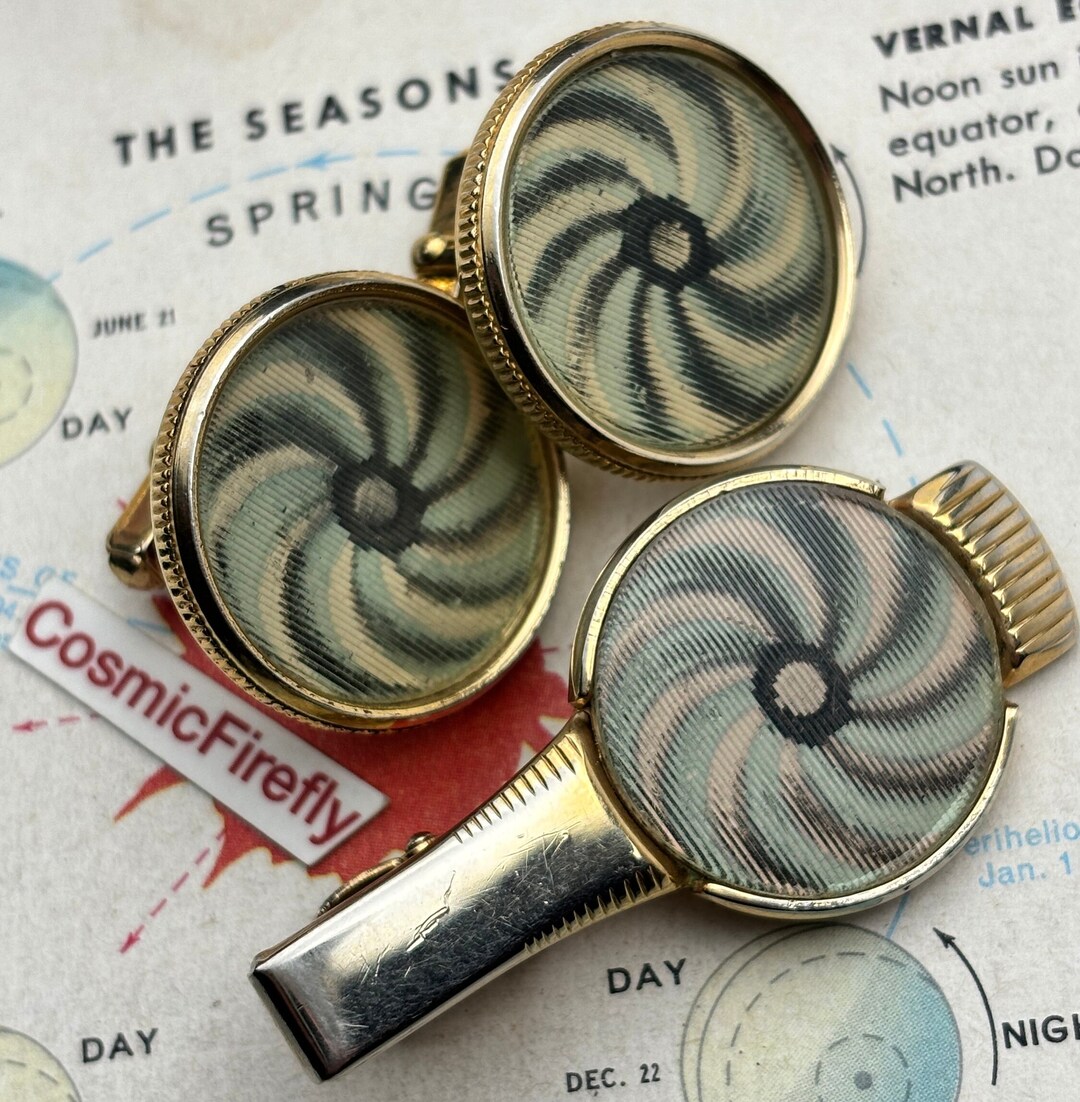 Boutons De Manchette Vintage - Silvertone Avec Motif Pinwheel Noir - Modèle 71717 - Occasion Bon état