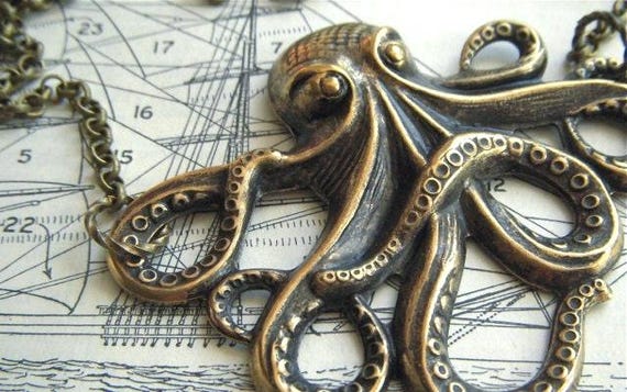 Big Brass Octopus Necklace Long Length Rolo Chain Gothic Victorian Nautical Steampunk Style Vintage Inspired