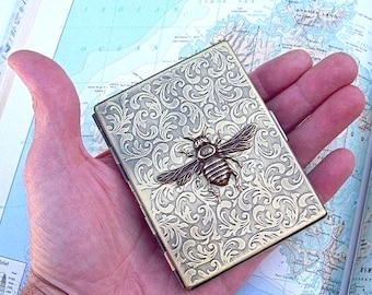 Metal Cigarette Case Antiqued Brass Bee Case Vintage Inspired Art Nouveau Gothic Victorian Steampunk Style Large Slim Card Case