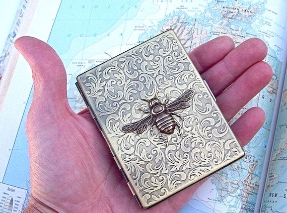 Metal Cigarette Case Antiqued Brass Bee Case Vintage Inspired Art Nouveau Gothic Victorian Steampunk Style Large Slim Card Case