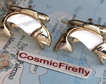 1950's Vintage Antique Gold Fish Cufflinks Mother of Pearl Fishing Fisherman SWANK USA