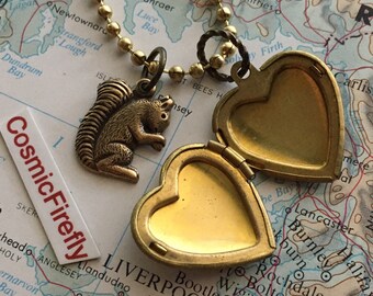 Tiny Squirrel and Mini Heart Locket Necklace Long Brass Chain Included Girl's Gift