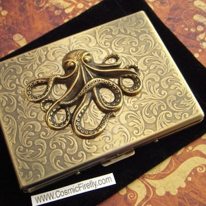 Big Octopus Cigarette Case Oversized Business Card Holder Gothic Victorian Steampunk Vintage Inspired Antiqued Brass Tone Metal Wallet