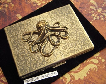 Big Octopus Cigarette Case Oversized Business Card Holder Gothic Victorian Steampunk Vintage Inspired Antiqued Brass Tone Metal Wallet