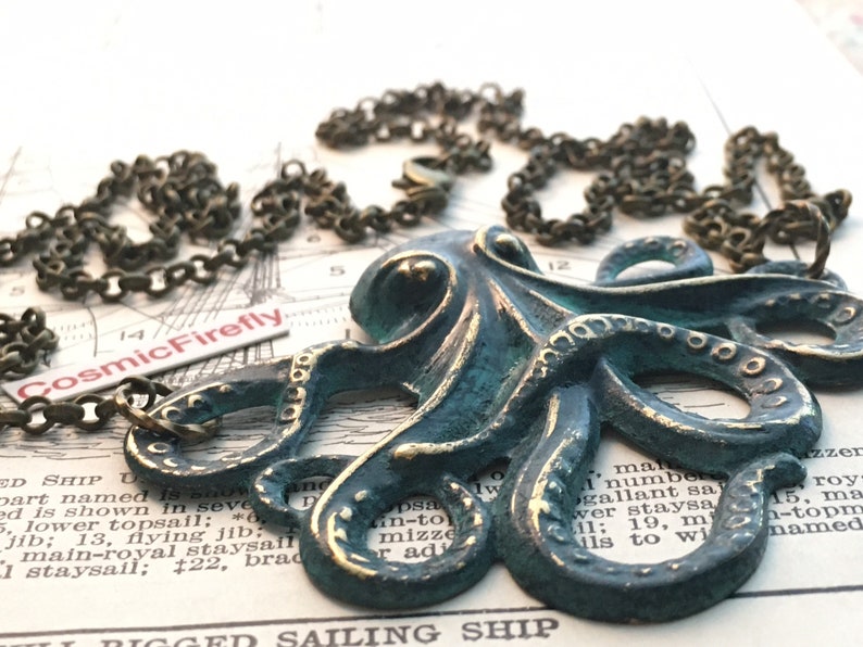 Rustic Green Octopus Necklace Aged Patina Color Primitive Finish Antiqued Brass Stamped Metal Long Brass Rolo Chain Women's Steampunk image 4