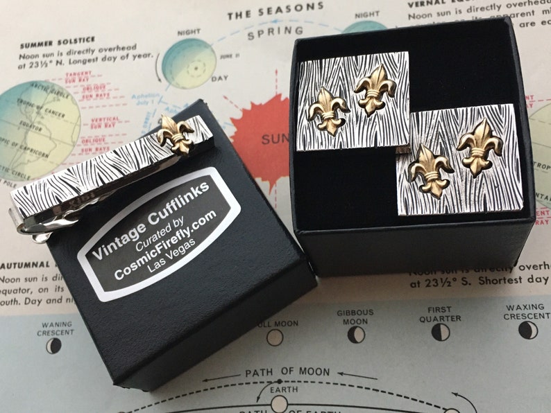Mid Century Modern Vintage Fleur De Lis Cufflinks /& Foi Bois Wood Grain Tie Bar 1950/'s Modernist Wedding