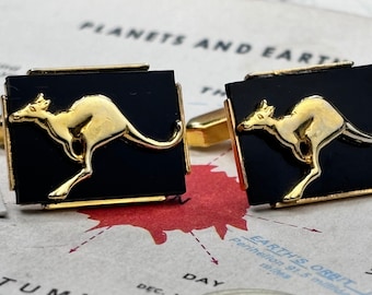 Vintage Kangaroo Cufflinks Australia Souvenir Shiny Gold Tone Metal Black Rectangle Father's Day